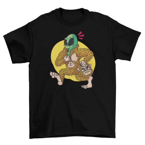 Alien in big foot costume t-shirt