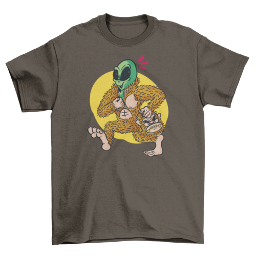 Alien in big foot costume t-shirt