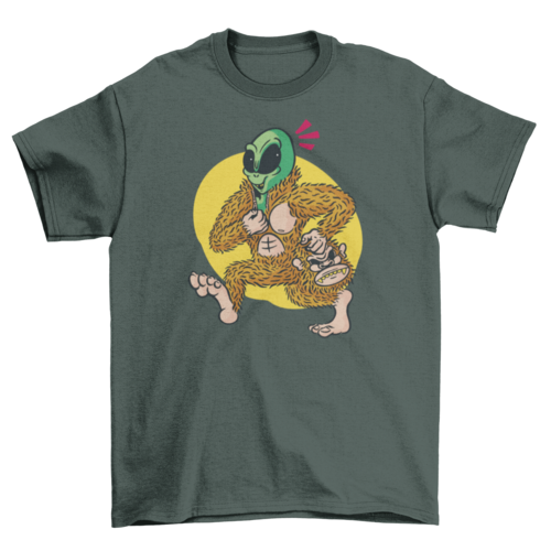 Alien in big foot costume t-shirt